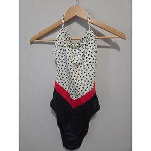Vintage Sirena Halter One Piece Swimsuit Size 12 Red Black White Geometric Print